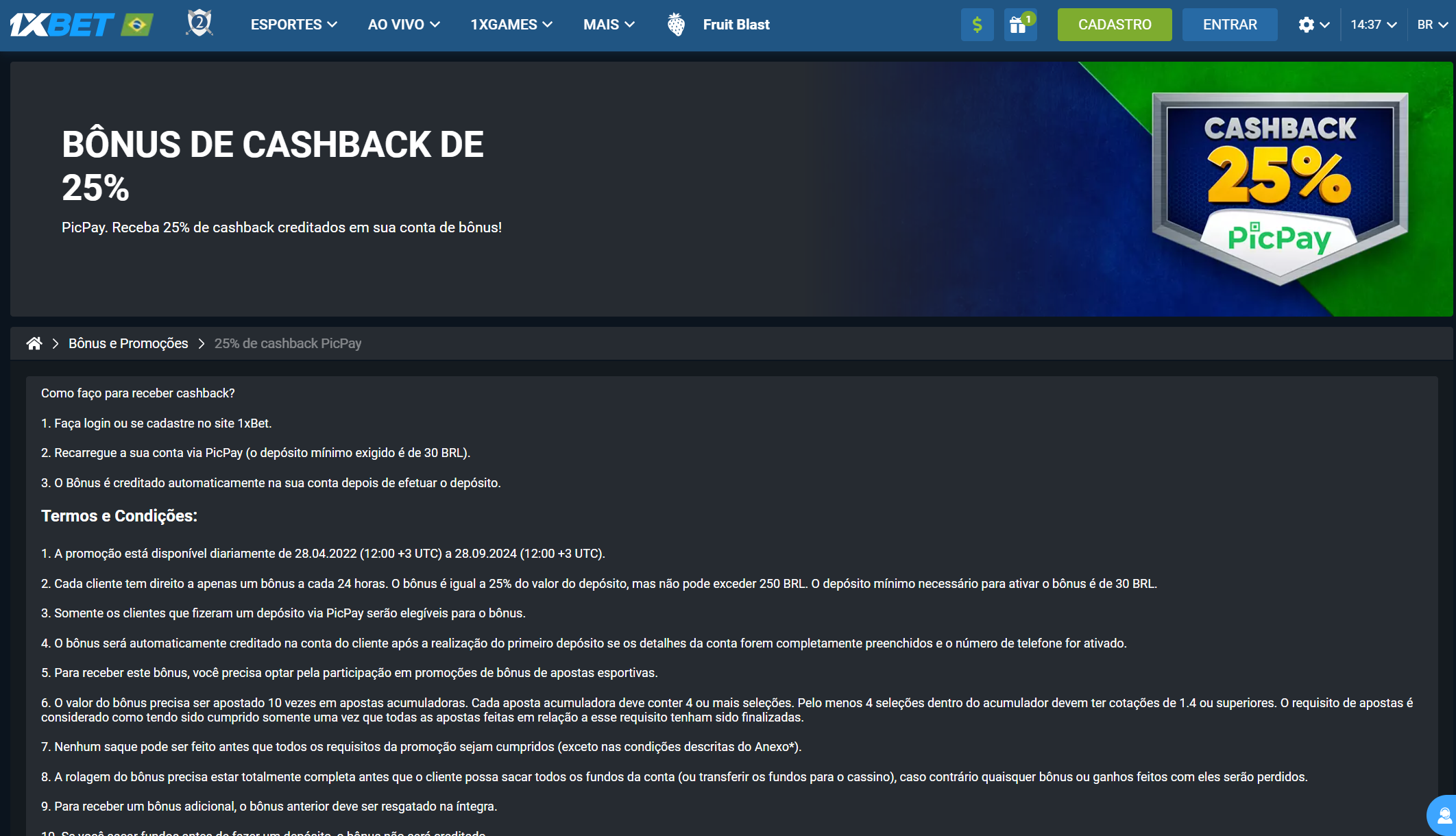 Cashback de 1xbet com PicPay