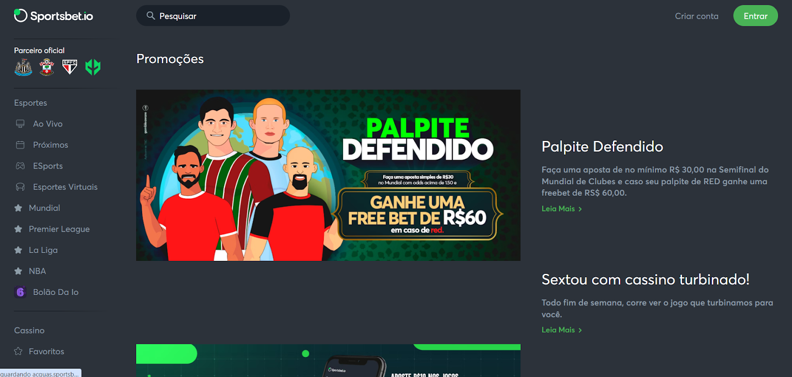 Primeira página do site de apostas Sportsbet.io