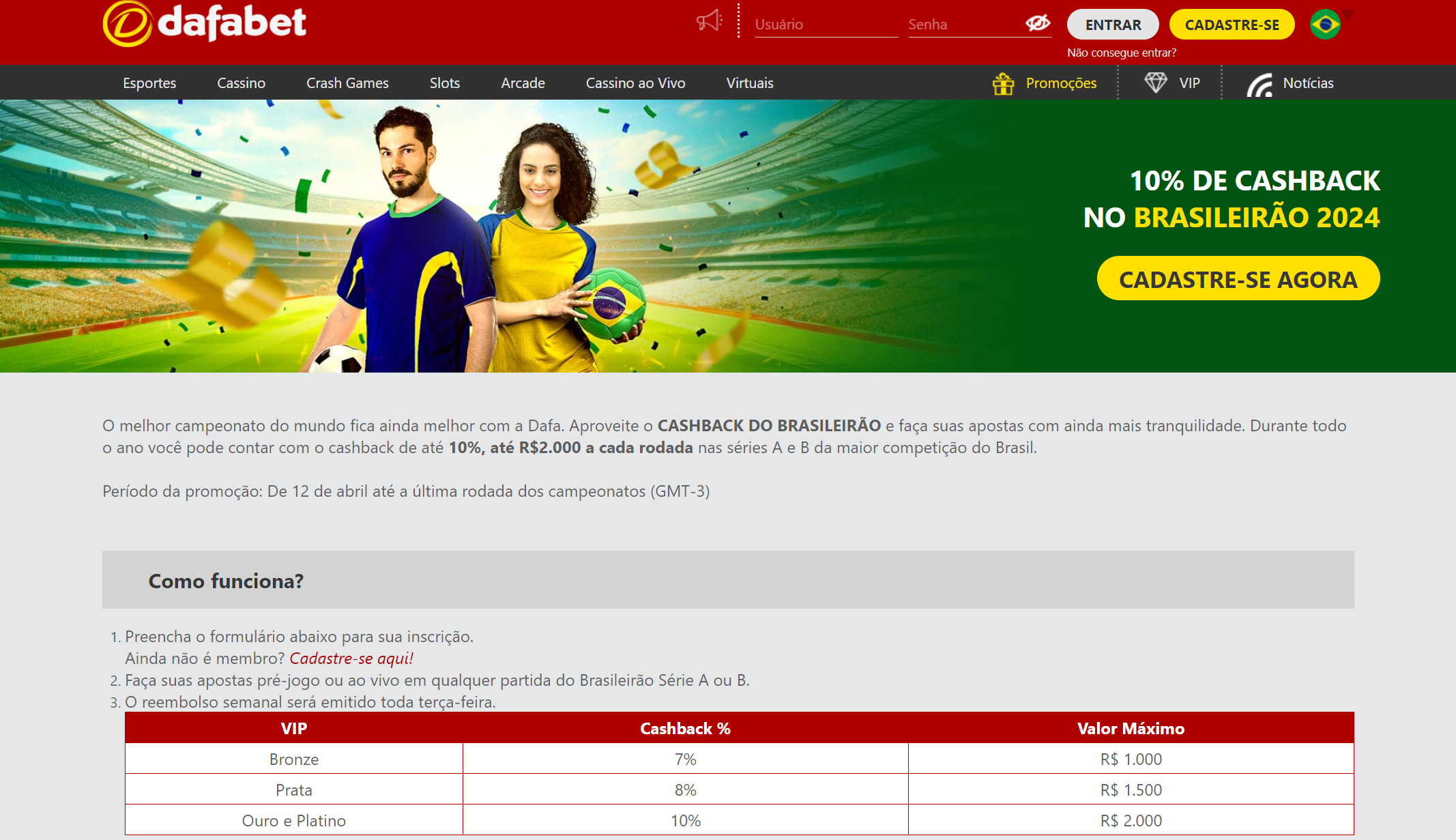 Cashback no Brasileirão da Dafabet