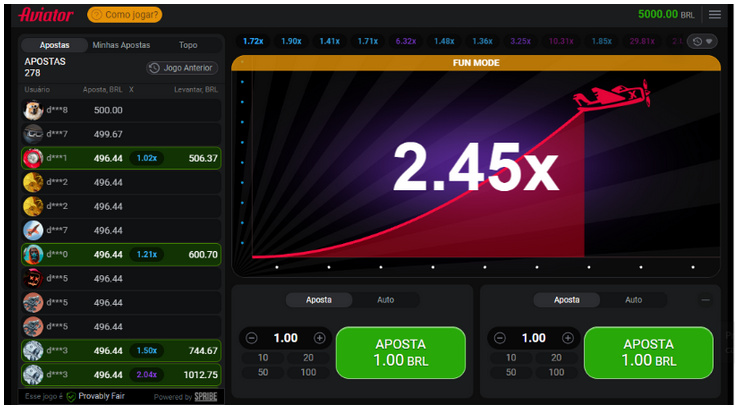 Interface completa do jogo Aviator na plataforma Sportingbet