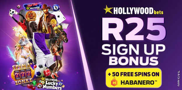 Hollywoodbets Sign Up Bonus up to R25 with 50 Free Spins