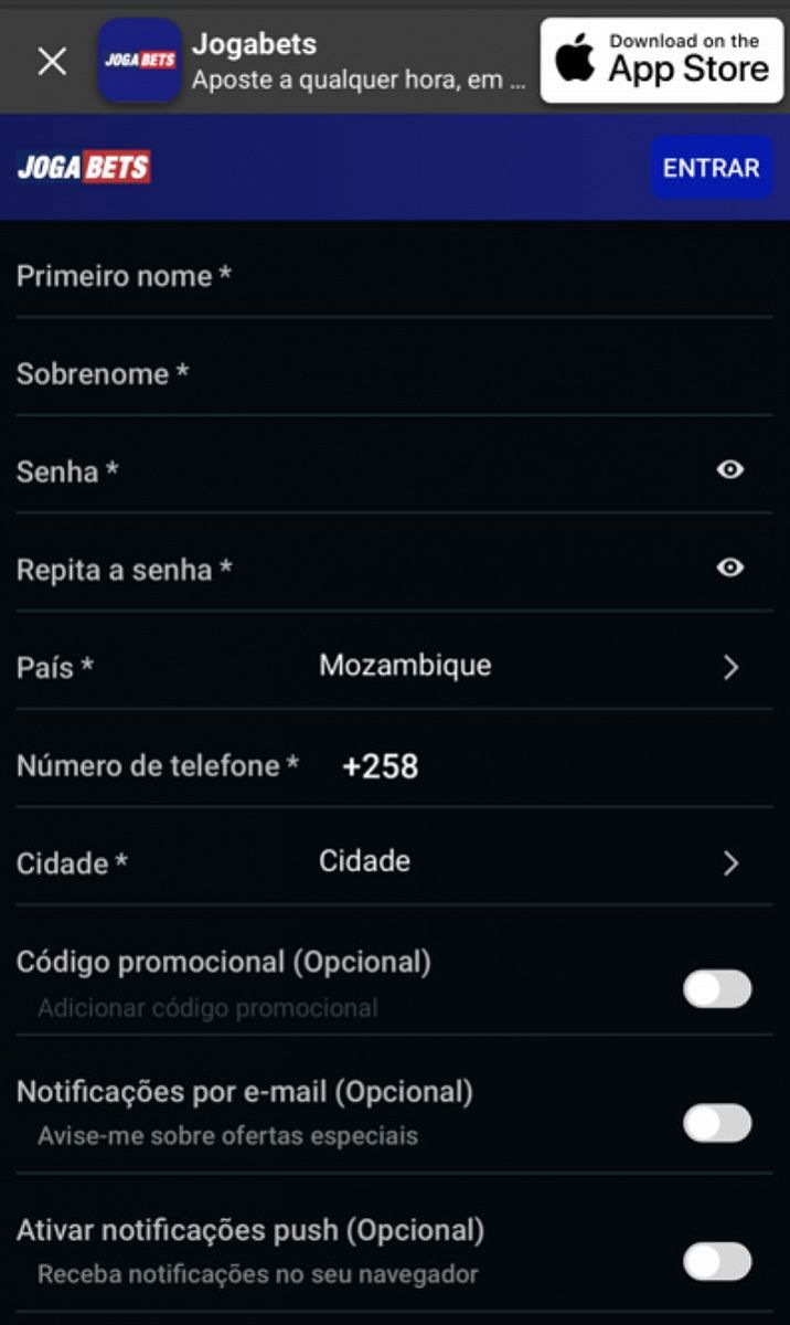 Página de preenchimento de dados para o registo na JogaBets mobile