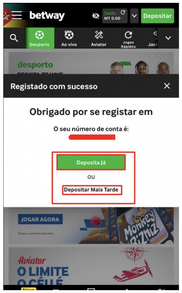 Registo bem-sucedido na aplicação da Betway 