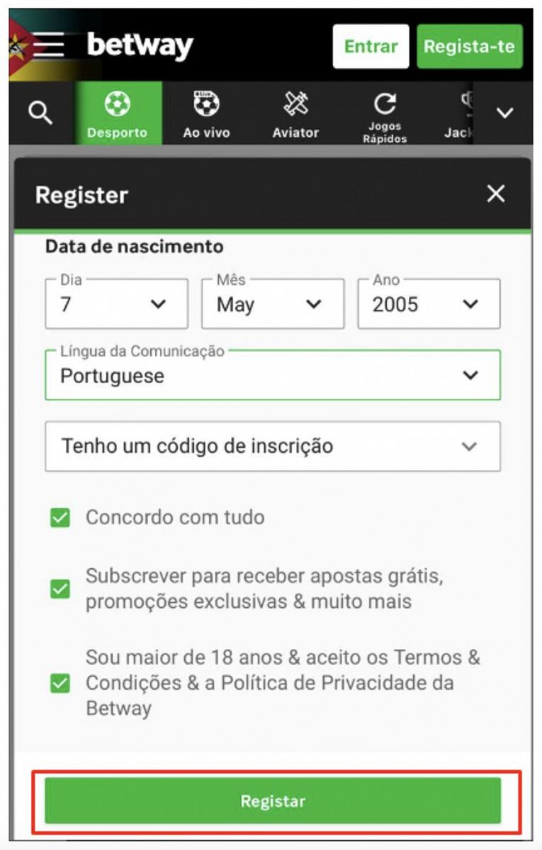  Página de registo na app da Betway