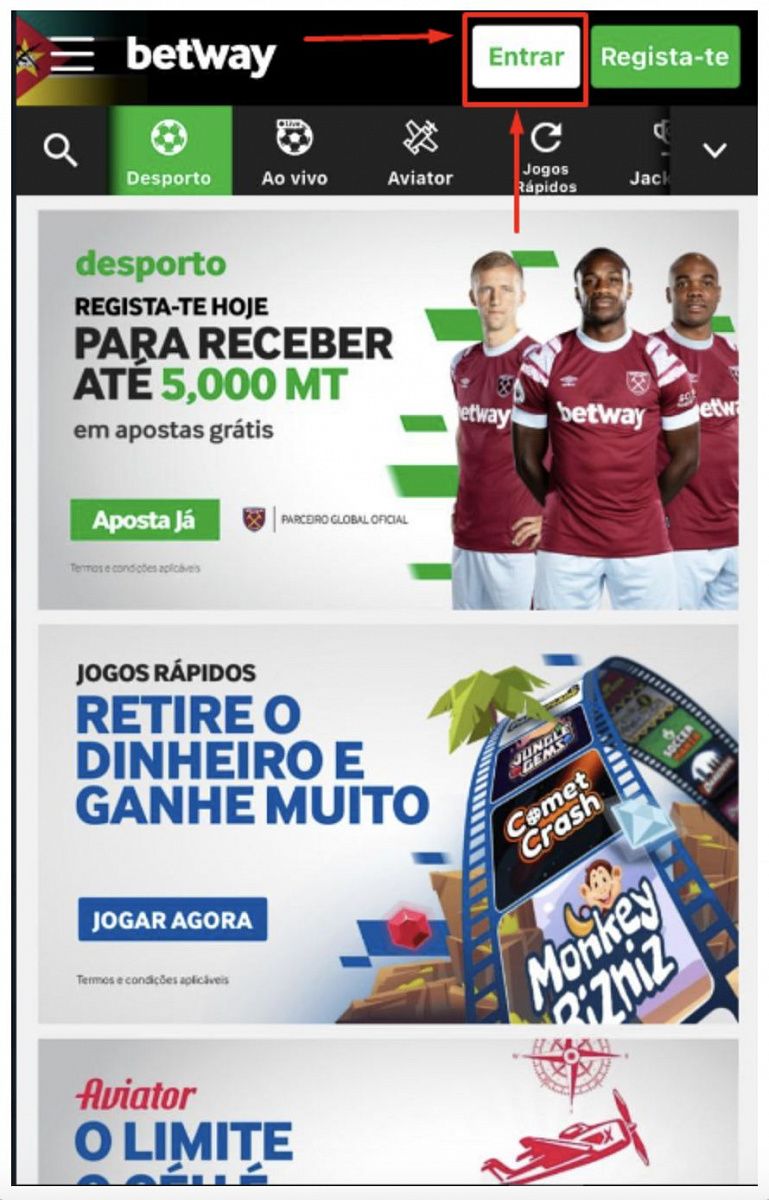 Botão de login na Betway na página inicial 