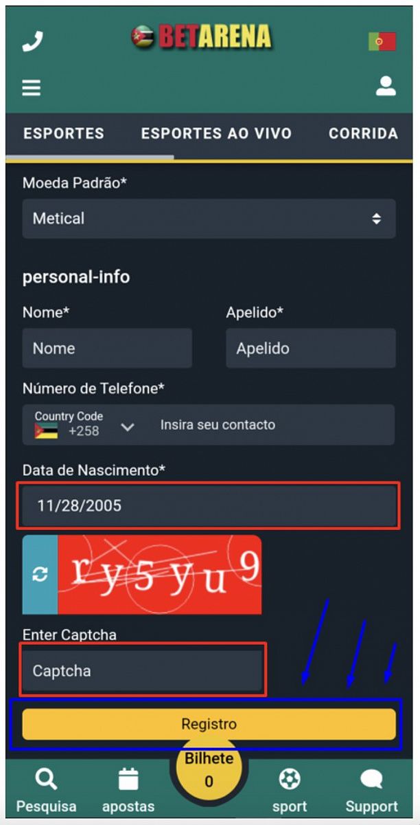 Registo na BetArena via mobile, passo final