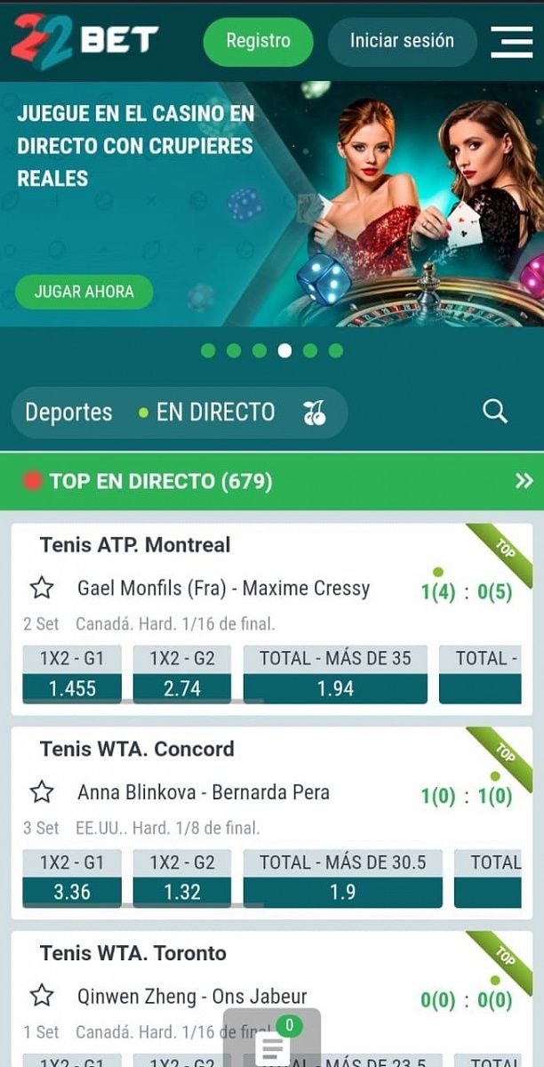 22Bet móvil, menú, resultado deportes, top en directo