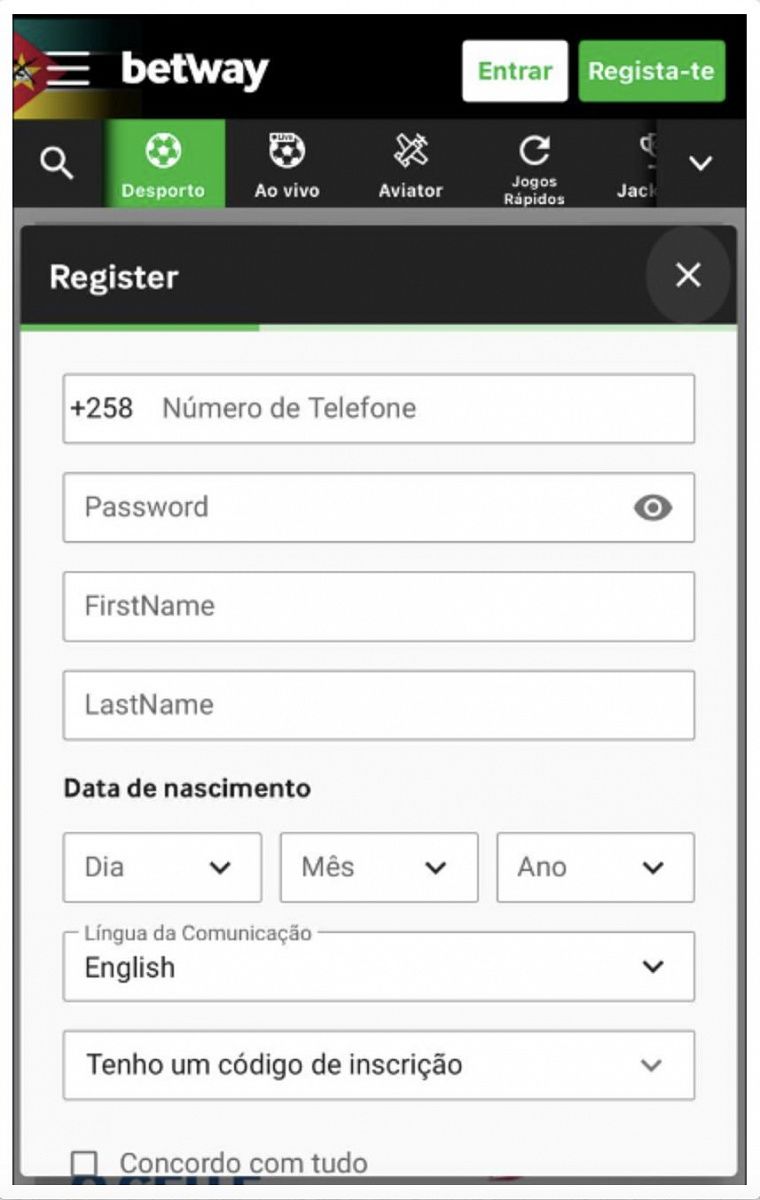  Página de registo na aplicação da Betway