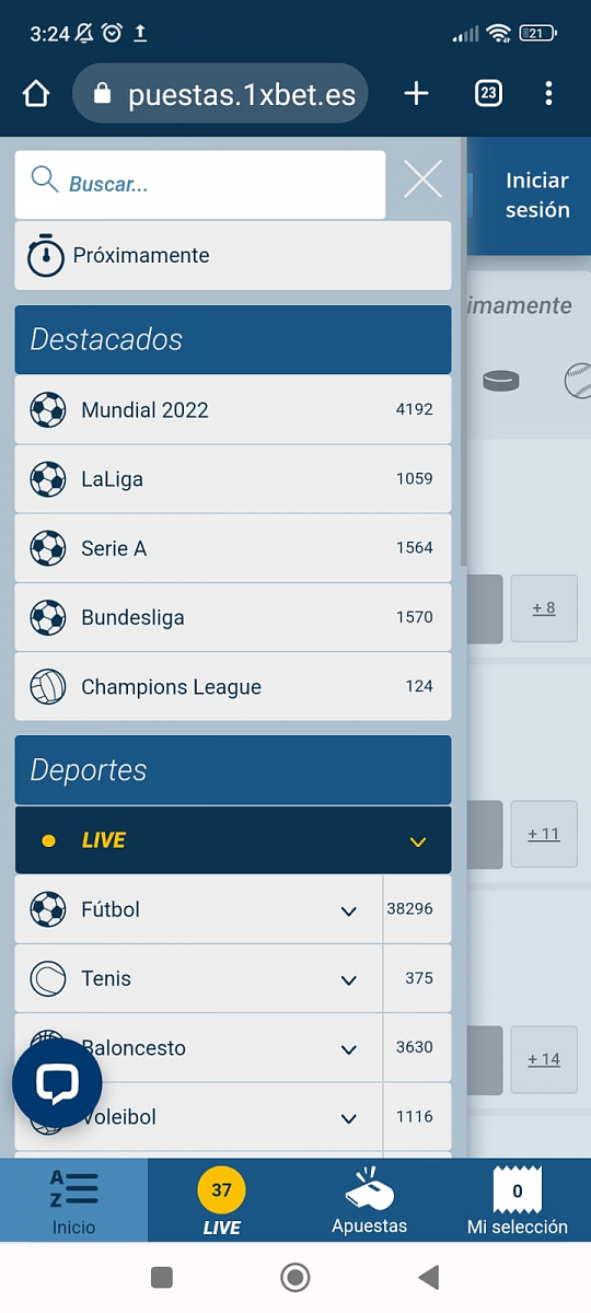 Imágenes de la versión app de 1xBet