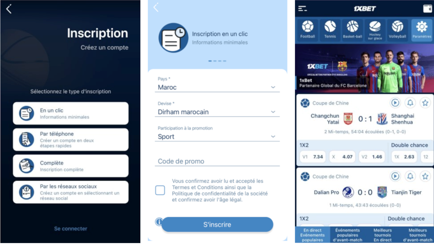 Procédure de création de compte sur 1xbet app