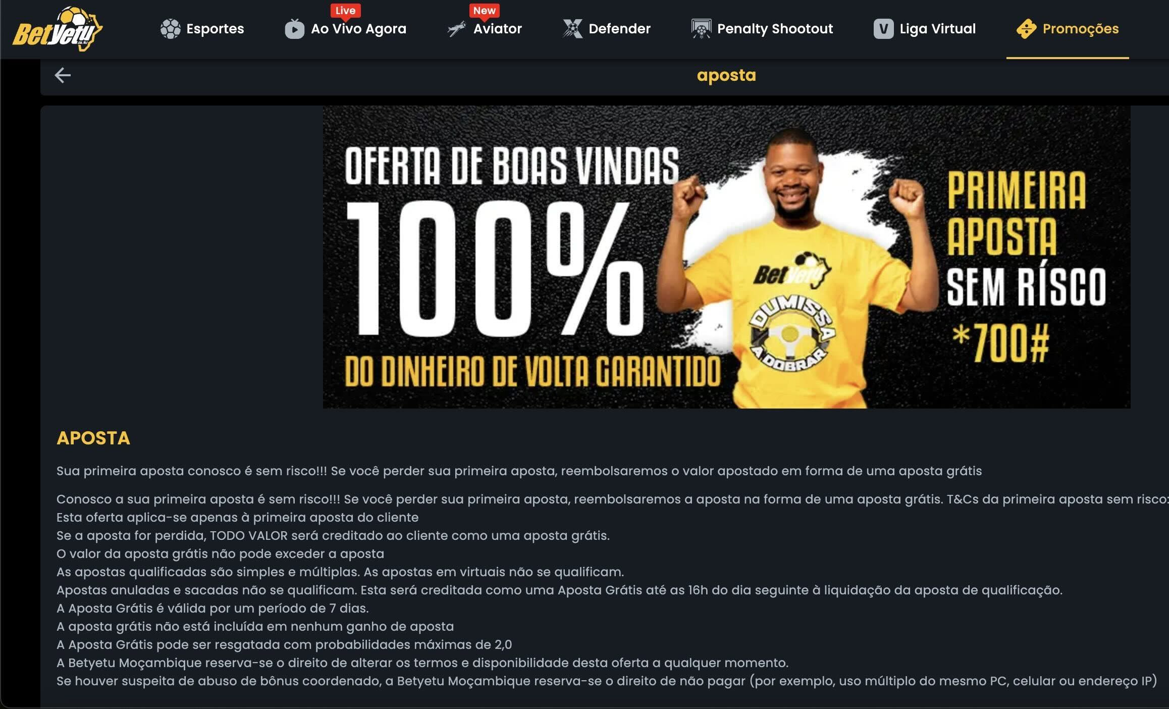 Página de promoções da Betyetu