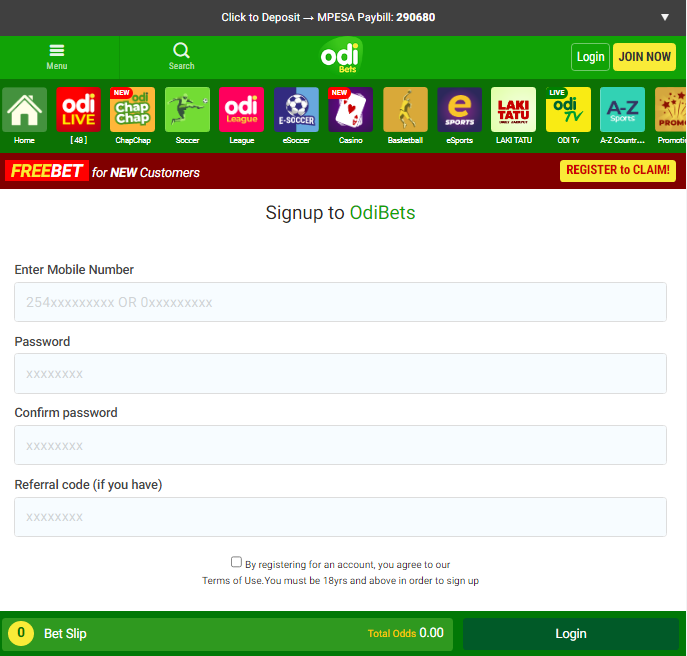 Registering form on Odibets