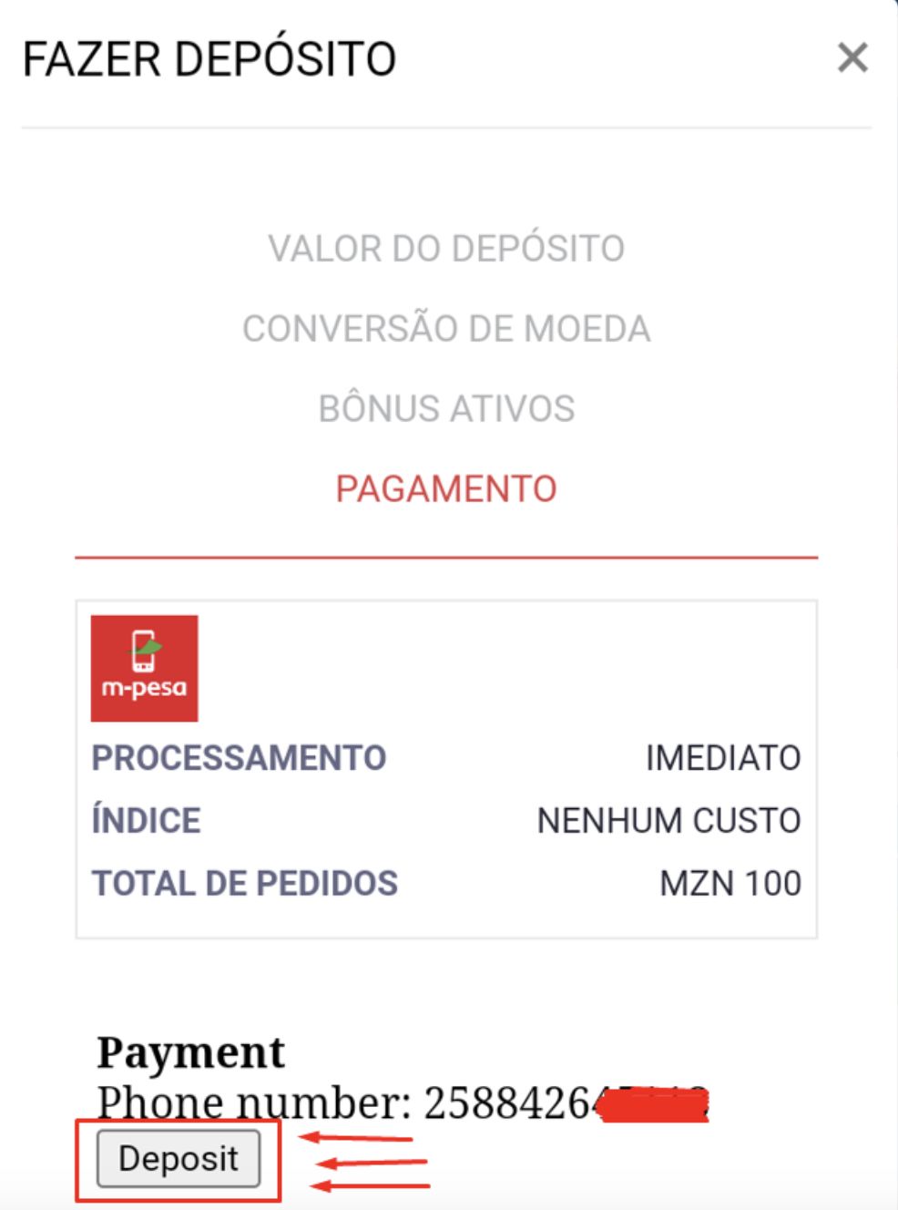 Depósito na Elephant Bet, passo final