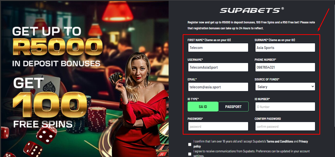 Supabets registration page