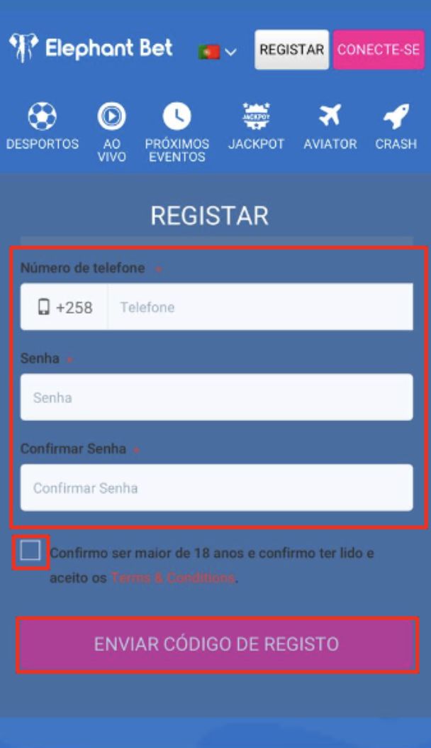 Dados de registo na Elephant Bet mobile