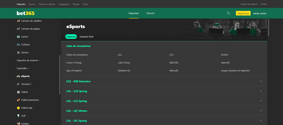 Se muestran los eSports disponibles en Bet365