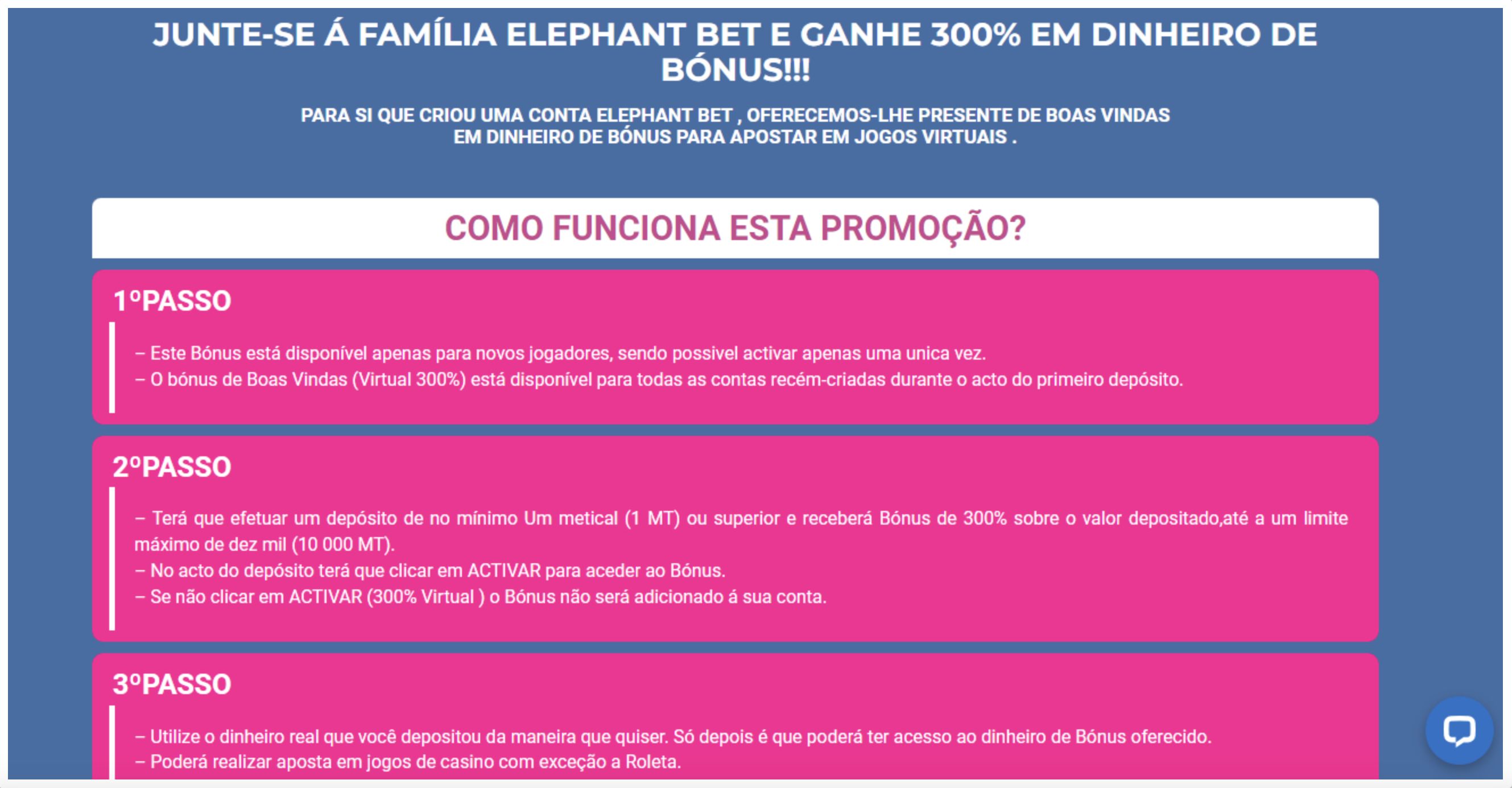 Página de bônus da Elephant Bet