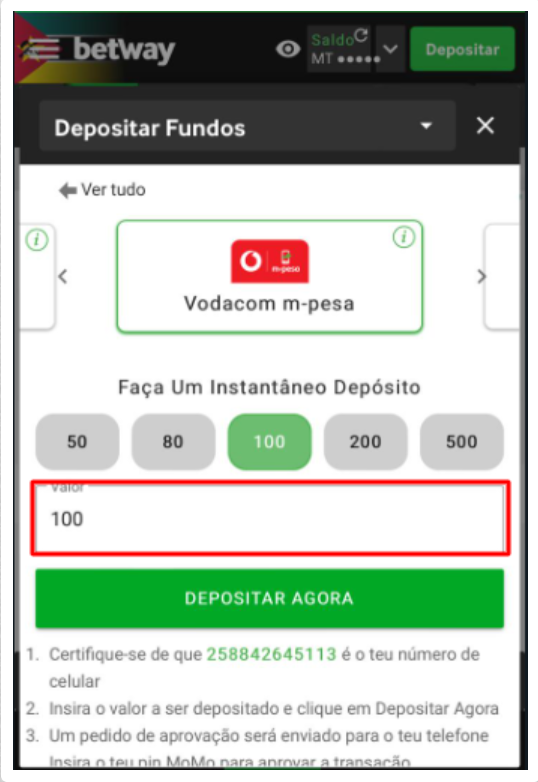 Depósito na Betway, Passo 3