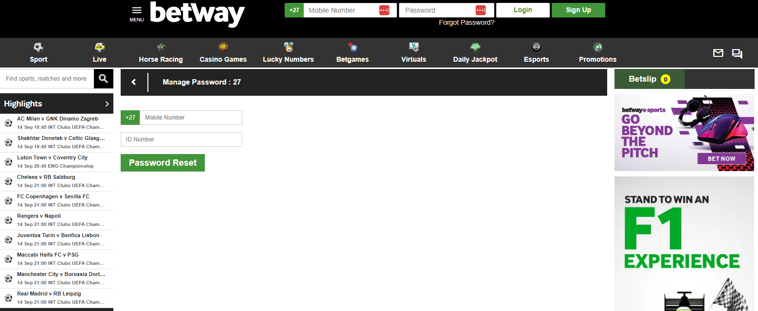 Betway password reset