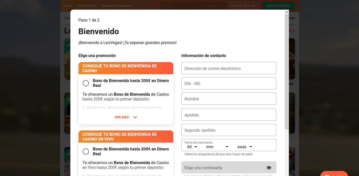 Página apara registrarse en LeoVegas