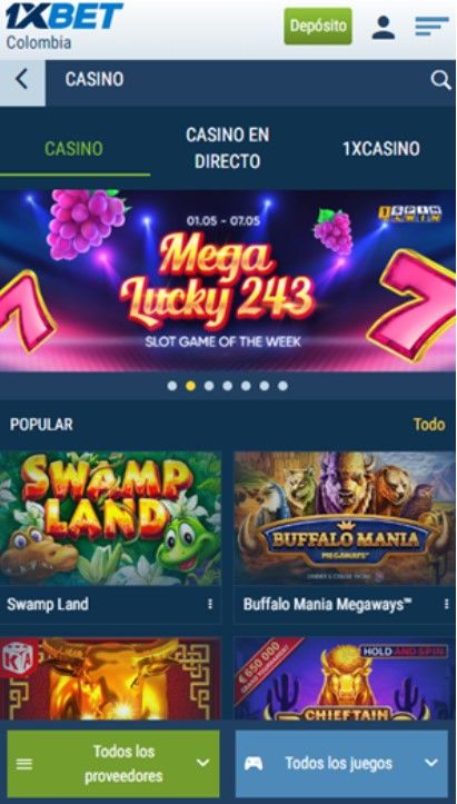 Se muestra la sección de casino, casino en vivo y 1xbet casino