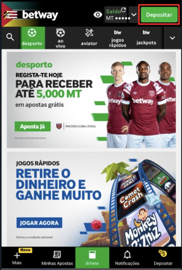 Página inicial para depósito na Betway mobile