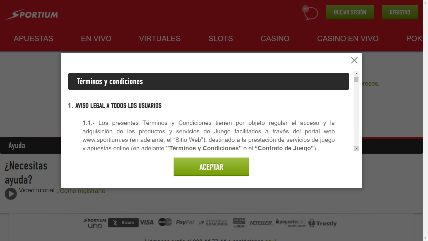 Términos y condiciones en el sitio web de Sportium