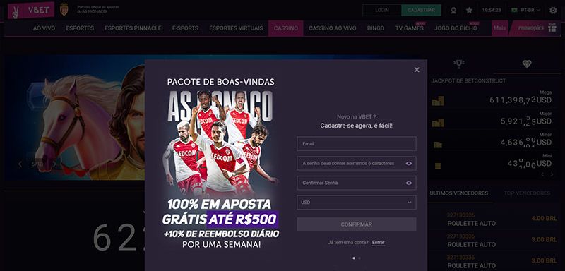 Página para registrarse en Vbet