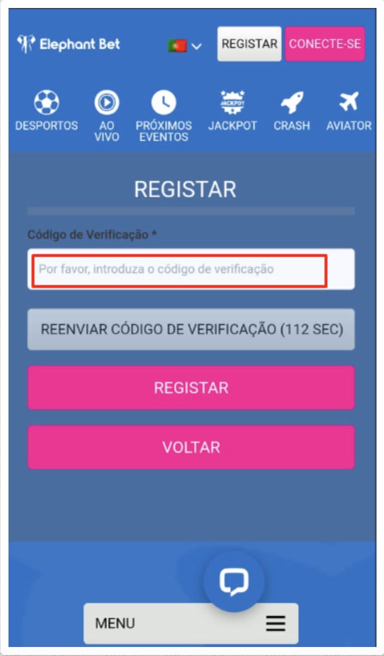 Confirmar o registo conta ao inserir o código enviado para o seu número de telemóvel