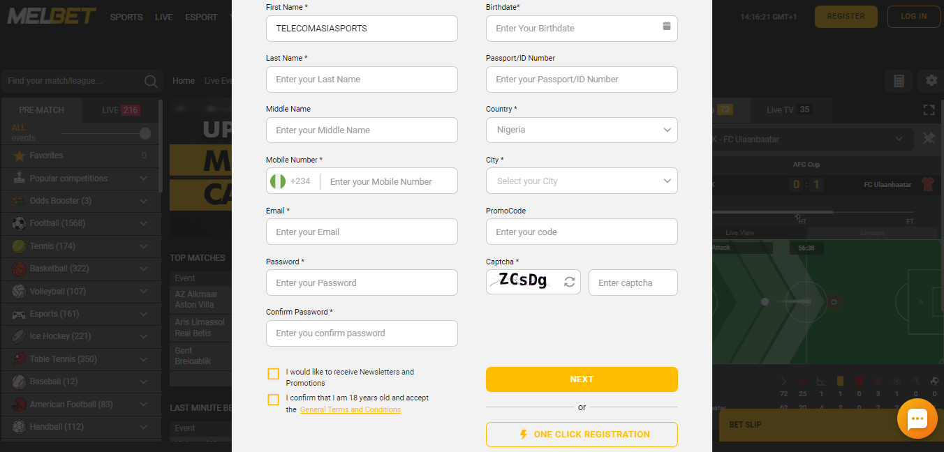 Melbet registration page