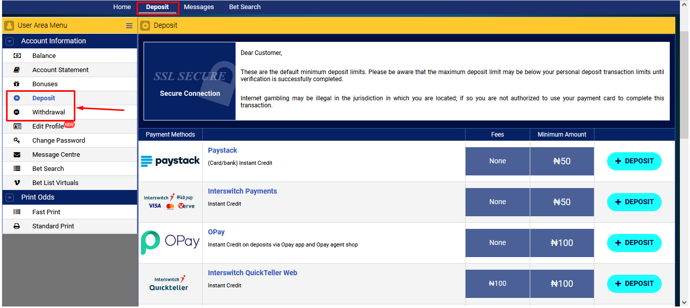 Image Of Betking Deposit and Withdrawal