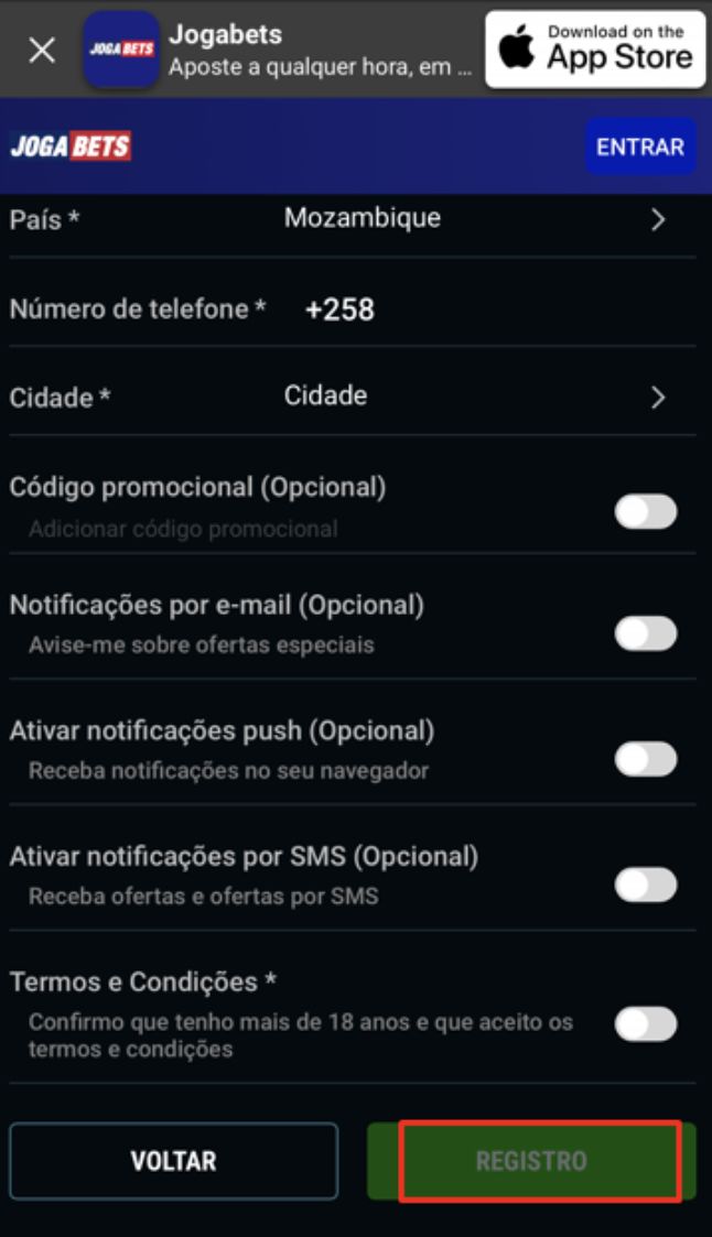 Finalização do preenchimento de dados na JogaBets mobile