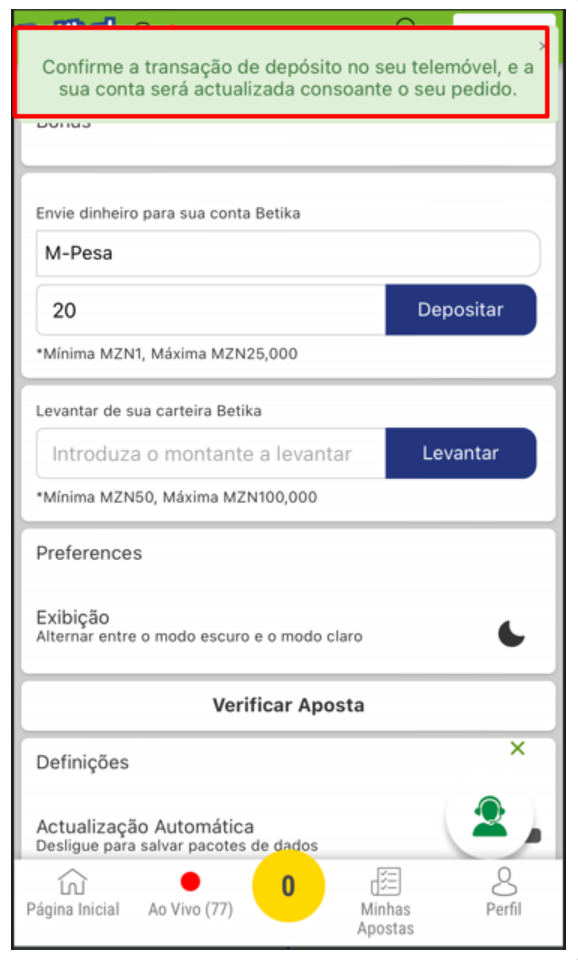 Aguardar o processo de depósito na Betika mobile