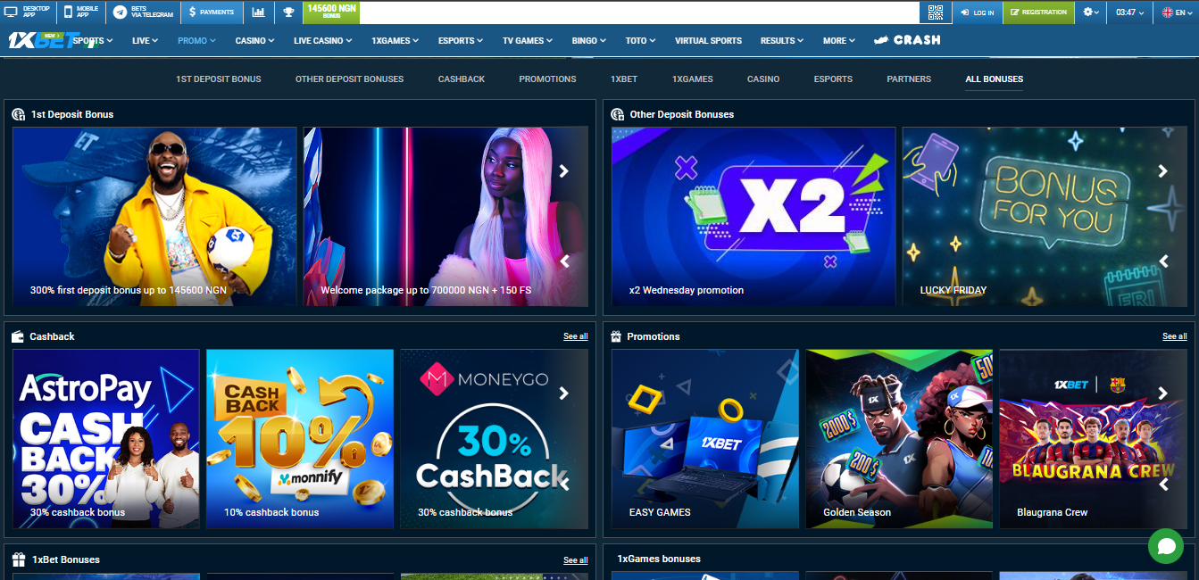 Image of 1xBet Bonuses page