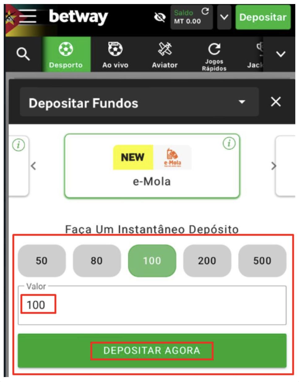 Depositar na Betway pela aplicação