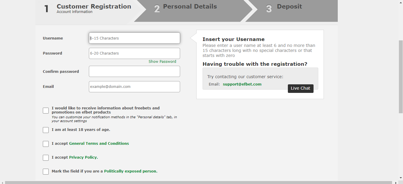 Efbet registration page