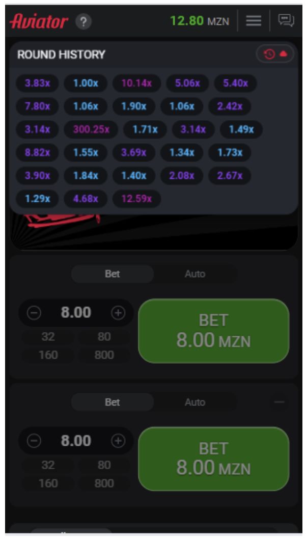 Histórico de resultados de rodadas no jogo Aviator da BetYetu em Moçambique