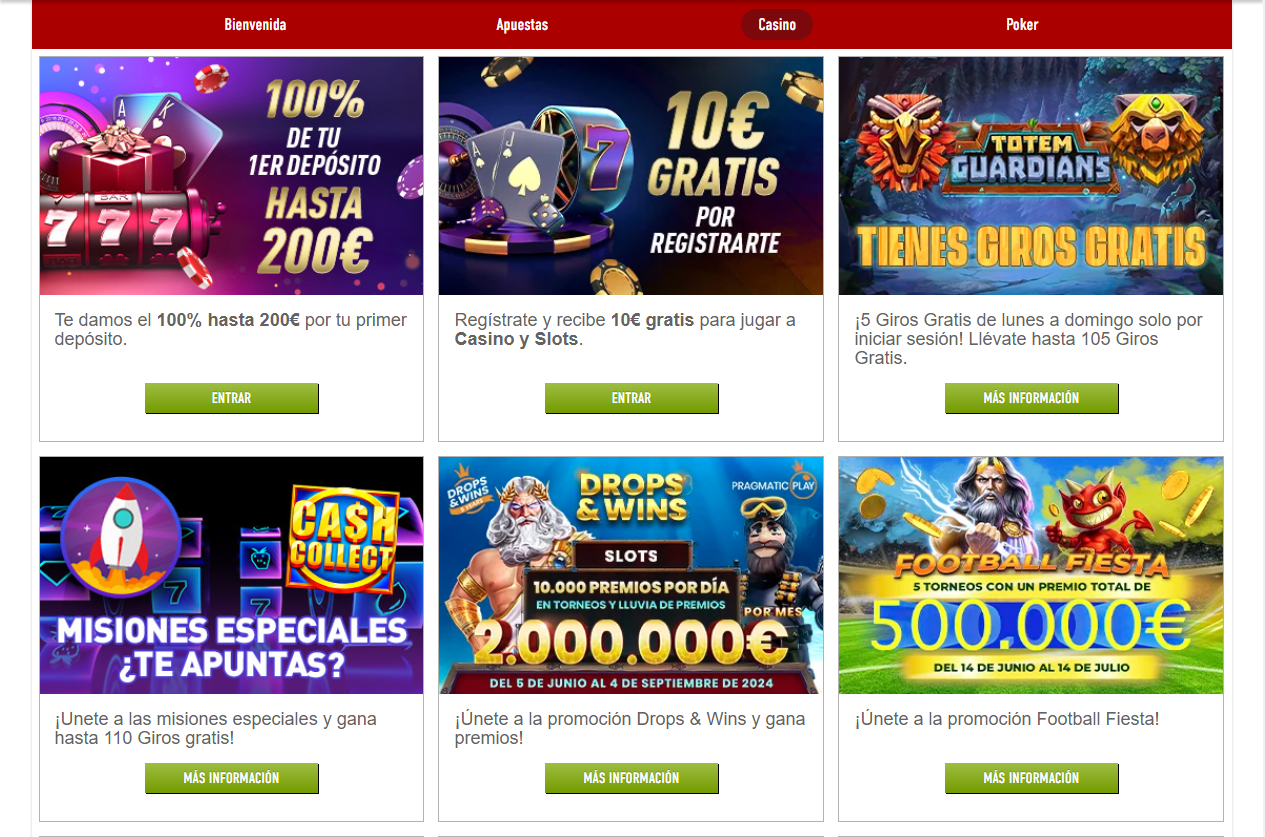 Sección con las promociones para casino de Sportium