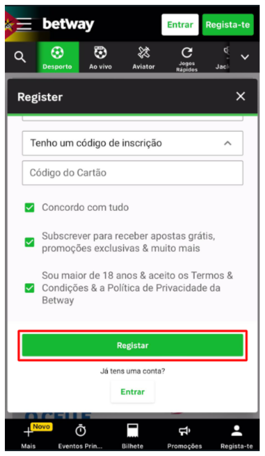 Registo na Betway Moçambique, Passo Final