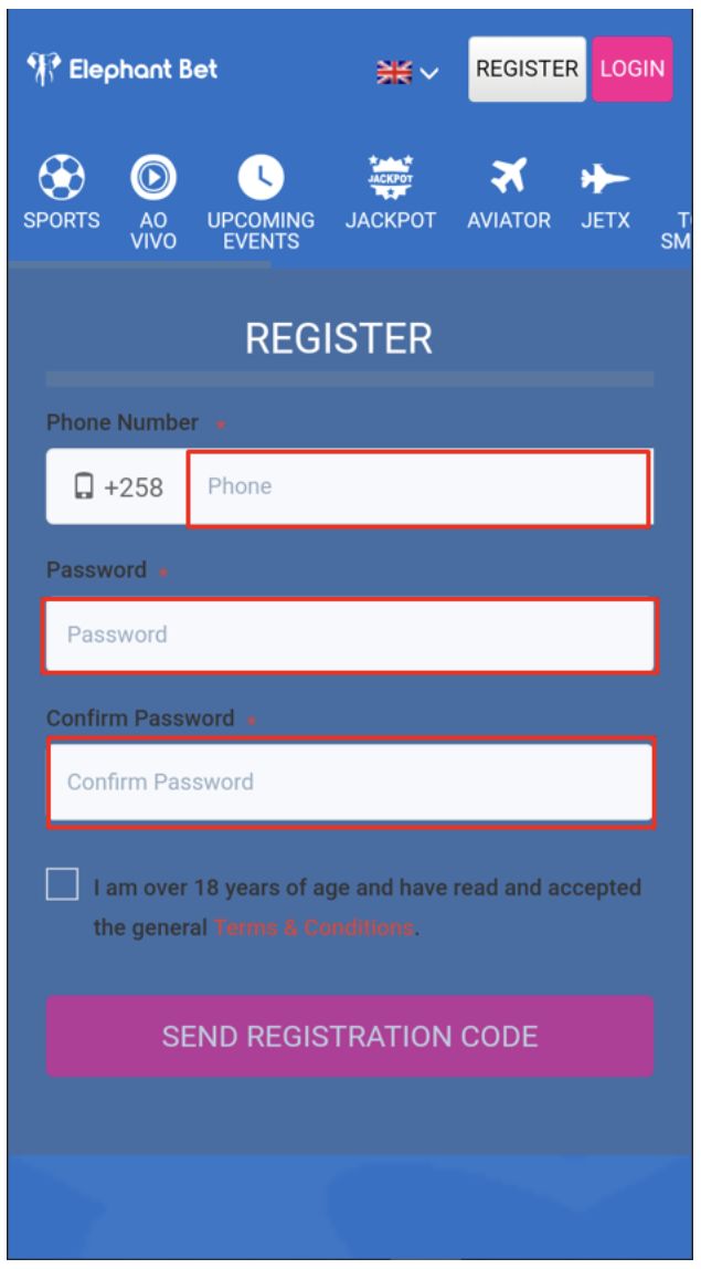 Como fazer registo na Elephant Bet? - passo 2