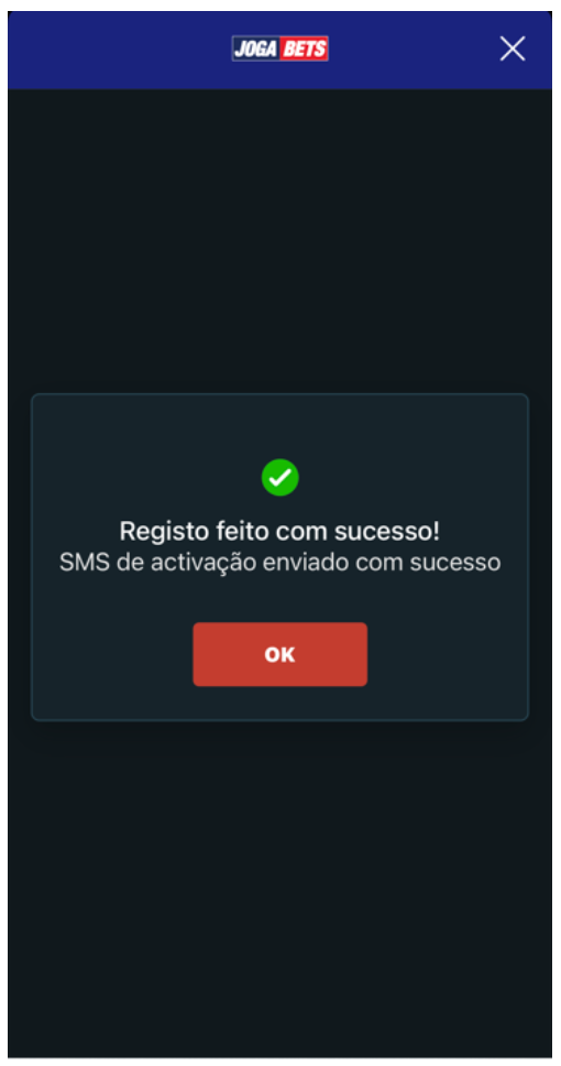 Ativação por SMS iniciada durante o registo na JogaBets