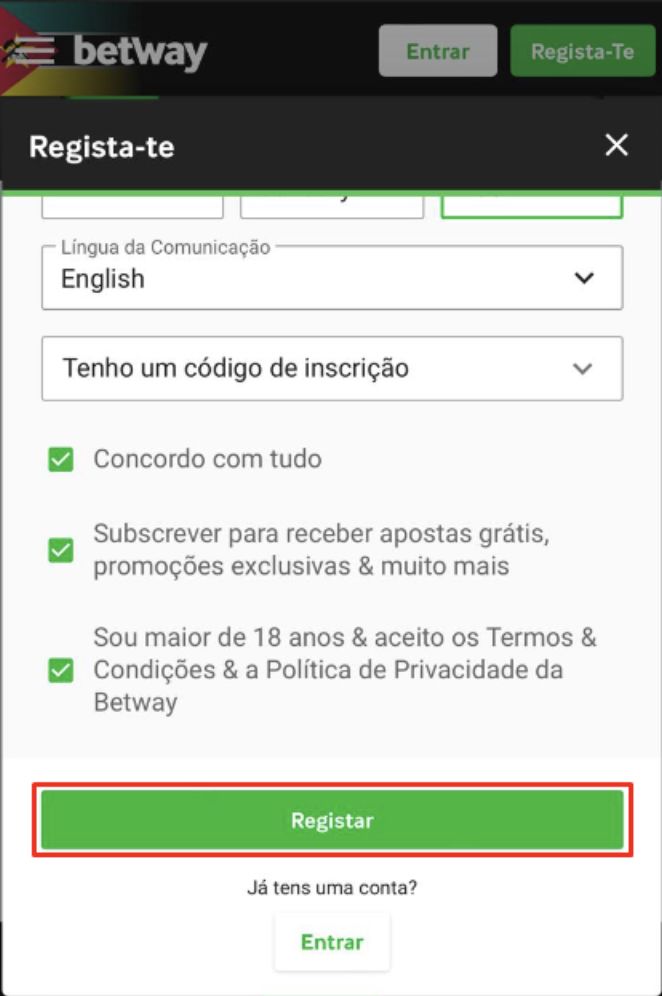 Confirmação de dados de registo na Betway 