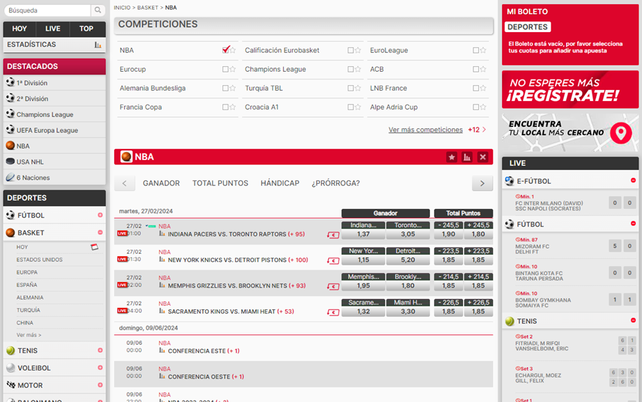 Se muestra la sección de apuestas en baloncesto de Aupabet España