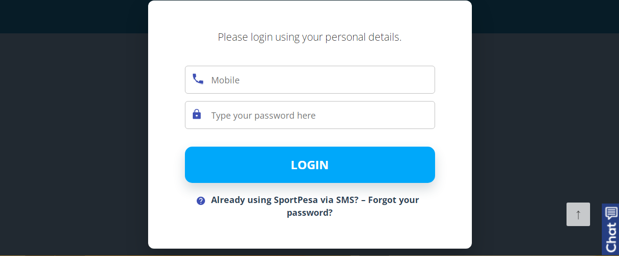 An image of the Sportpesa South Africa login form page