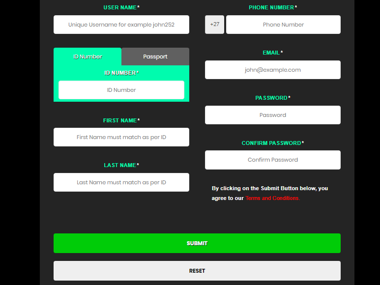 Supabets Desktop Registration Page