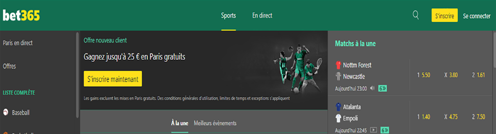 Inscription via le site Bet365