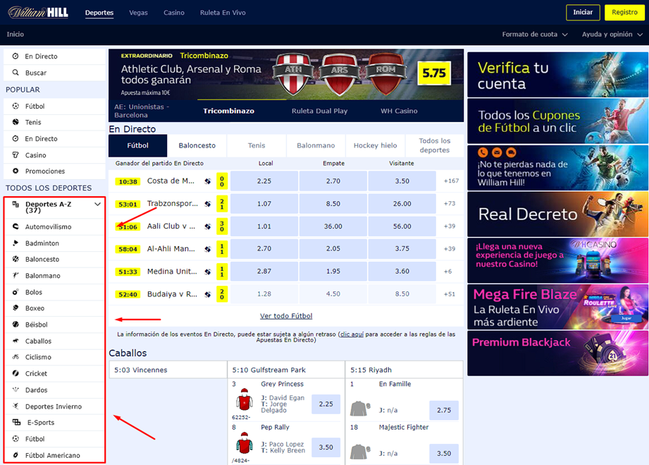 Sección de apuestas de William Hill
