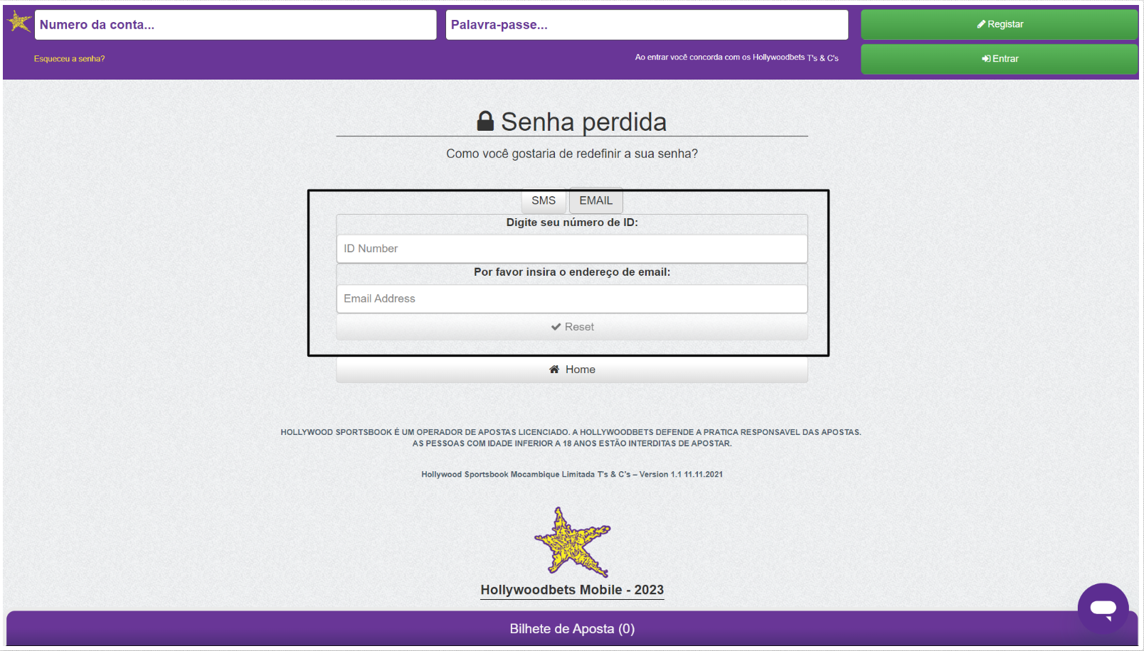 Página de Recuperação de palavra passe da Hollywoodbets versão mobile