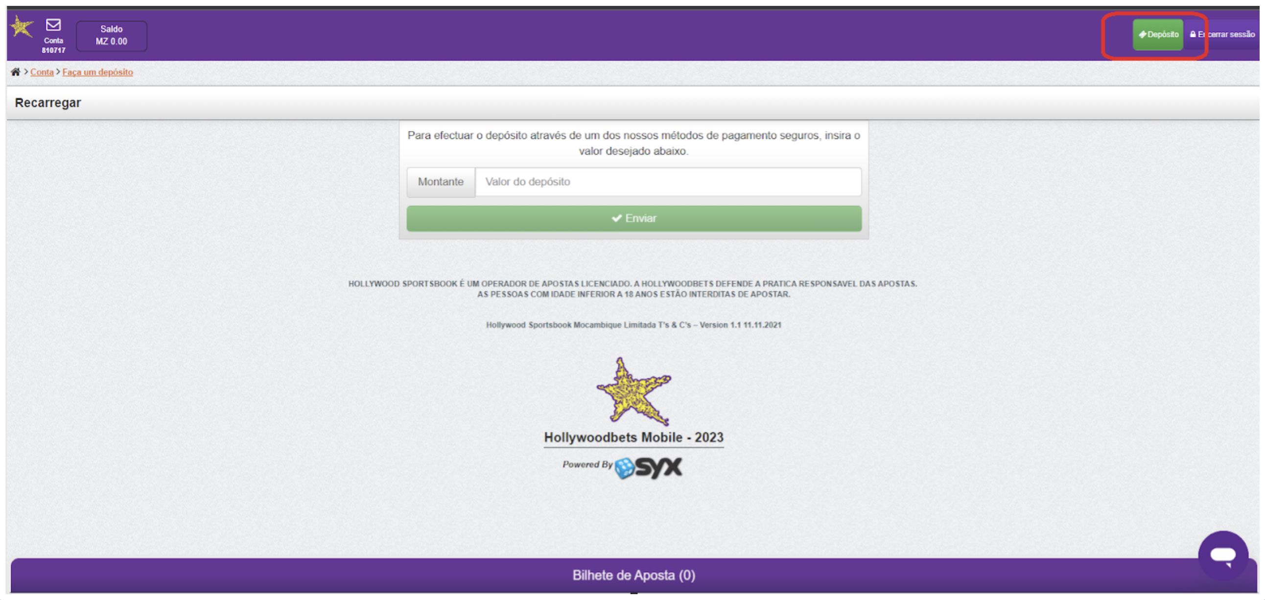 Página de depósito da Hollywoodbets Moçambique versão desktop