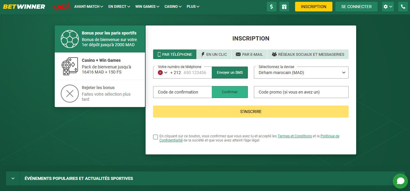 Image des modes d’inscription sur Betwinner